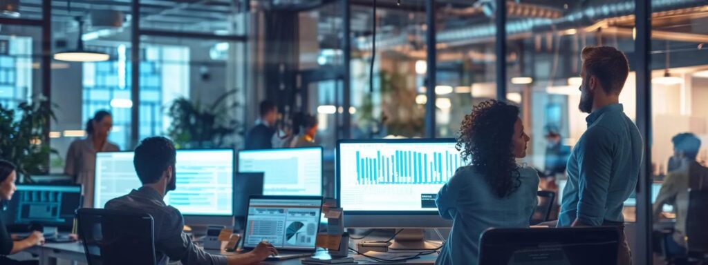 a busy modern office space with team members collaboratively discussing website development timelines while analyzing charts and digital screens showcasing project progress and potential hurdles.