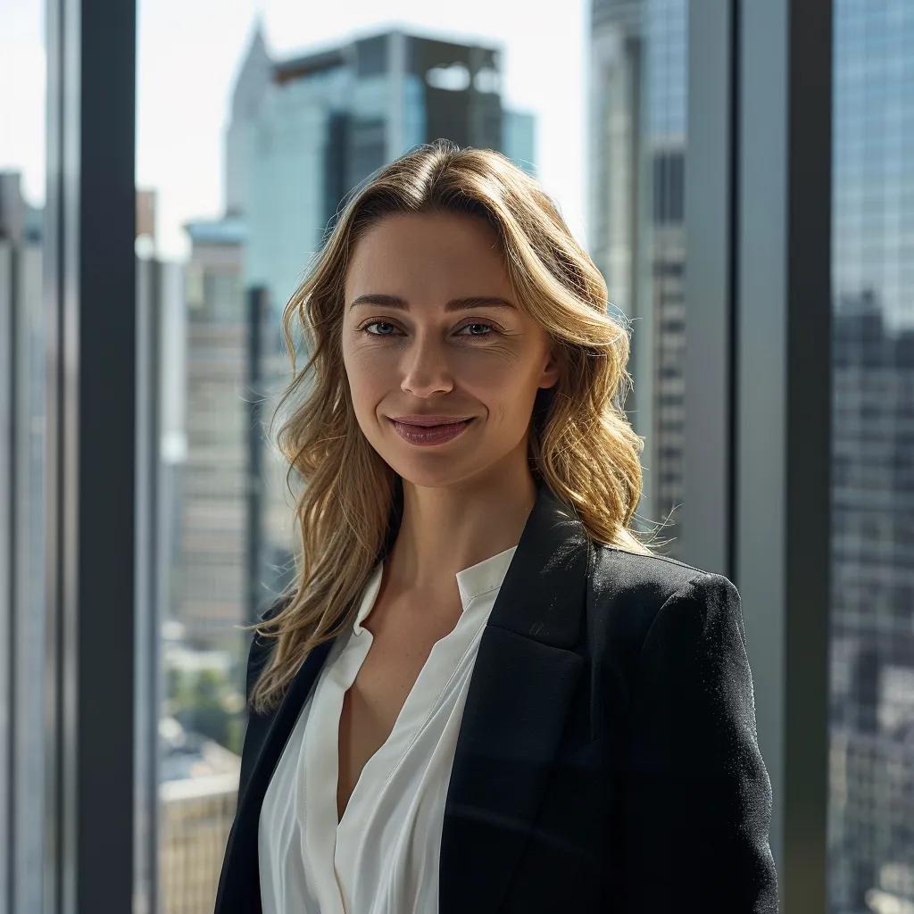 a confident professional, standing in a sleek, modern office with city skyline views, presents their dynamic personal brand on a digital screen, embodying ambition and clarity.