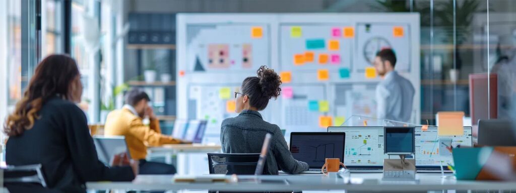 a modern office environment showcases a vibrant digital whiteboard filled with detailed timelines and colorful sticky notes, illustrating the key stages of website design and launch, against a backdrop of sleek laptops and collaborative workspaces.
