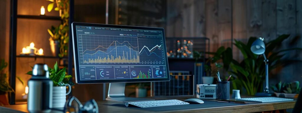a modern office workspace is illuminated by soft artificial lighting, featuring a sleek computer screen displaying analytical graphs and seo metrics, surrounded by digital marketing materials and a minimalist design to emphasize a focus on enhancing website visibility and search engine optimization.