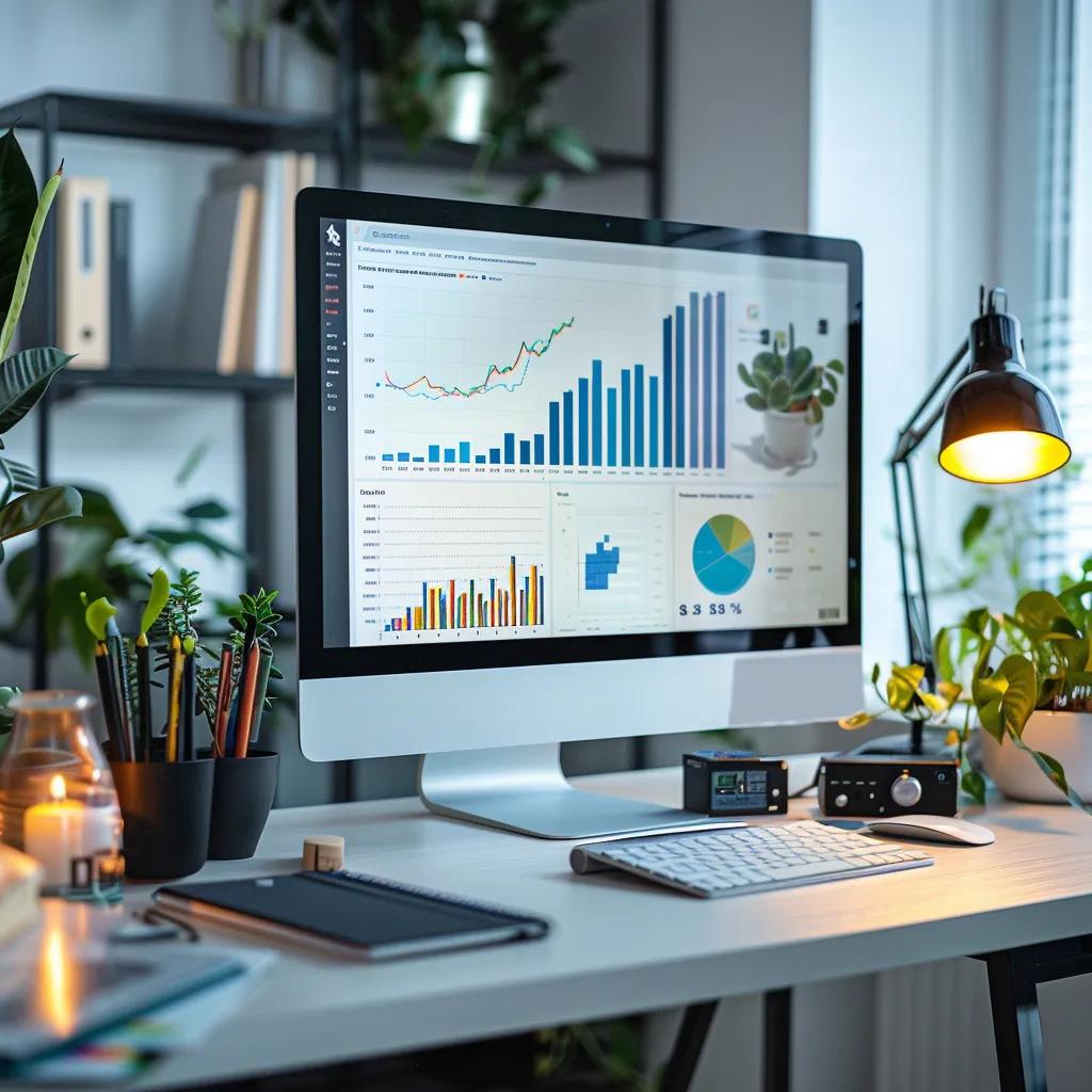 a modern office workspace, featuring a sleek computer screen displaying vibrant crm analytics and growth charts, surrounded by a minimalistic desk setup that emphasizes professionalism and innovation.