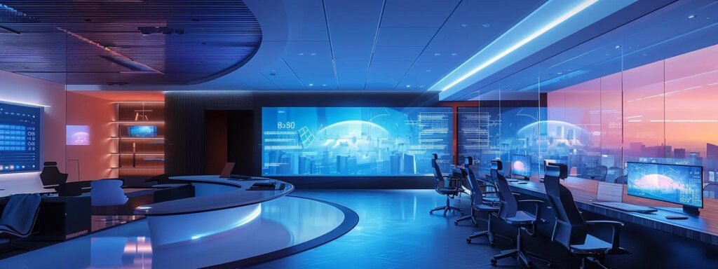 a sleek, futuristic office filled with holographic displays illuminating user interfaces, showcasing immersive digital interactions and personalized technology solutions for enhanced engagement in 2025.