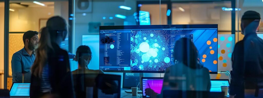 a sleek, futuristic office space showcases a team collaborating around a high-tech monitor displaying a vibrant, interactive website design for 2025, illuminated by dynamic led lighting that reflects innovation and creativity.