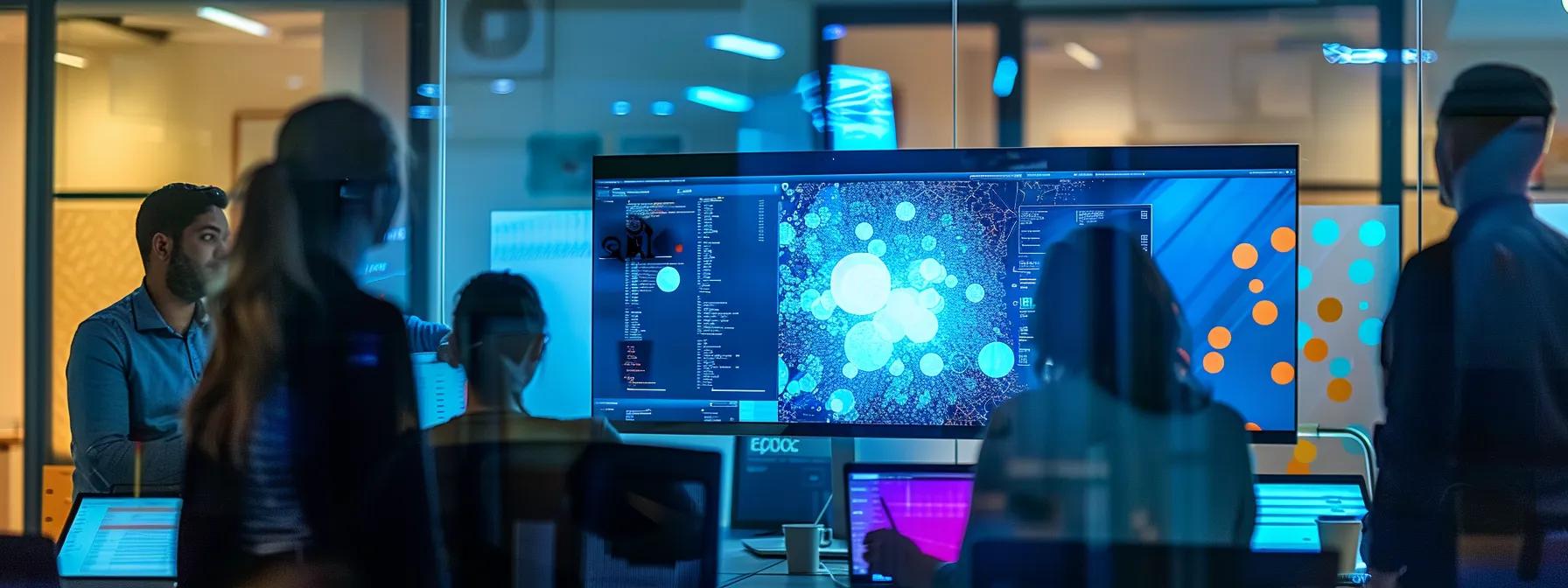 a sleek, futuristic office space showcases a team collaborating around a high-tech monitor displaying a vibrant, interactive website design for 2025, illuminated by dynamic led lighting that reflects innovation and creativity.