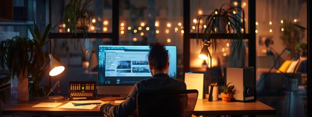 a sleek, modern office workspace is illuminated by dim led lights, showcasing a large computer screen displaying a website’s home page, while a professional meticulously reviews a checklist of final launch preparations with a focused expression.