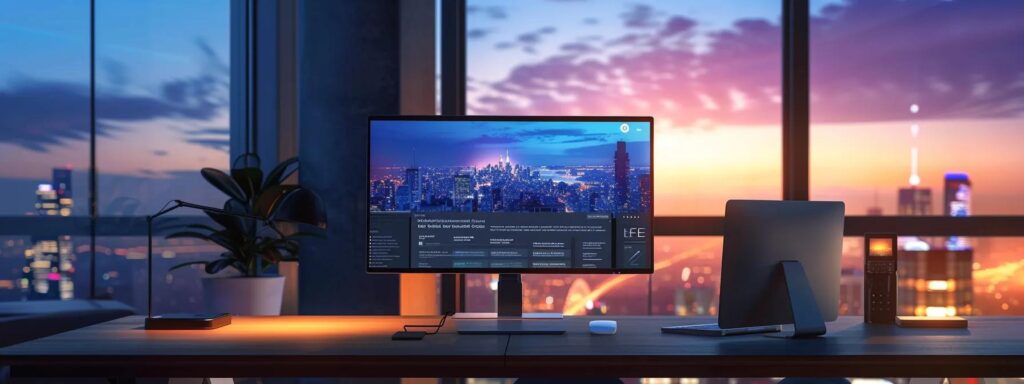 a sleek, modern office workspace with a large computer screen displaying a vibrant website design, featuring testimonials and engaging visuals that reflect a brand's identity and values, illuminated by soft ambient lighting to create an inviting atmosphere.