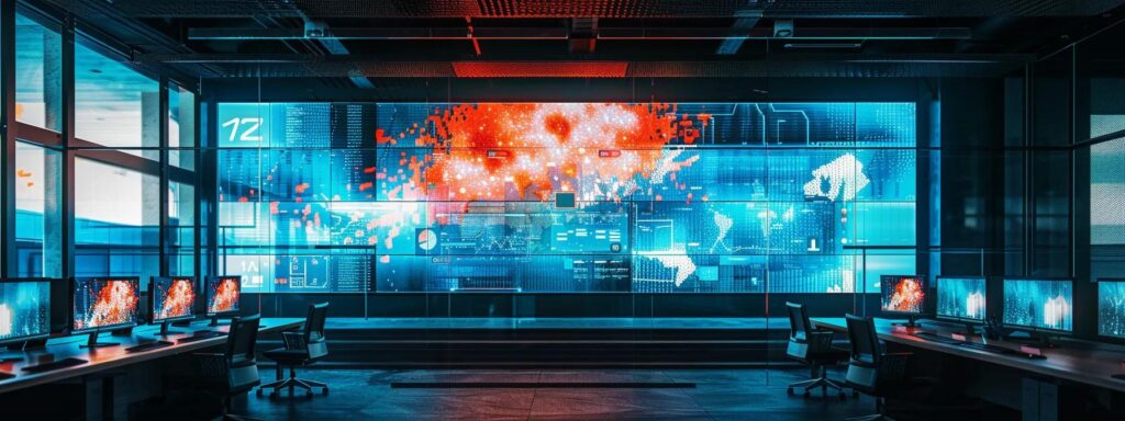 a sleek, modern office space features a large digital screen showcasing vibrant visualizations of frontend technologies, with a minimalist desk setup as the focal point, emphasizing speed and responsiveness in web design.