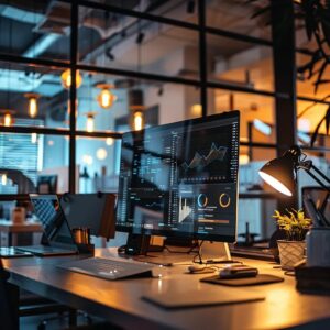 a sleek, modern office workspace featuring a glowing computer screen displaying a dynamic user interface, surrounded by high-tech gadgets and organized chaos, signifying the efficiency of well-designed websites.