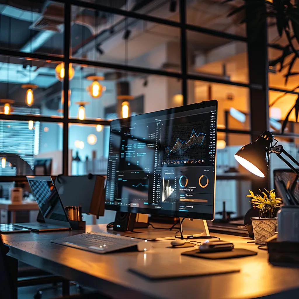 a sleek, modern office workspace featuring a glowing computer screen displaying a dynamic user interface, surrounded by high-tech gadgets and organized chaos, signifying the efficiency of well-designed websites.