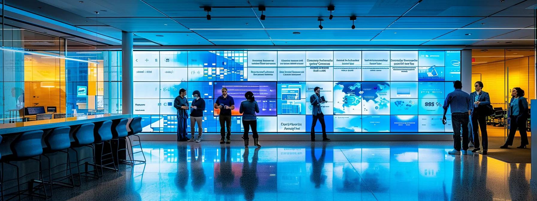 a sleek, modern office space is filled with professionals animatedly discussing a large digital screen displaying the key features of a successful business website, illuminated by vibrant led lights for a tech-savvy atmosphere.