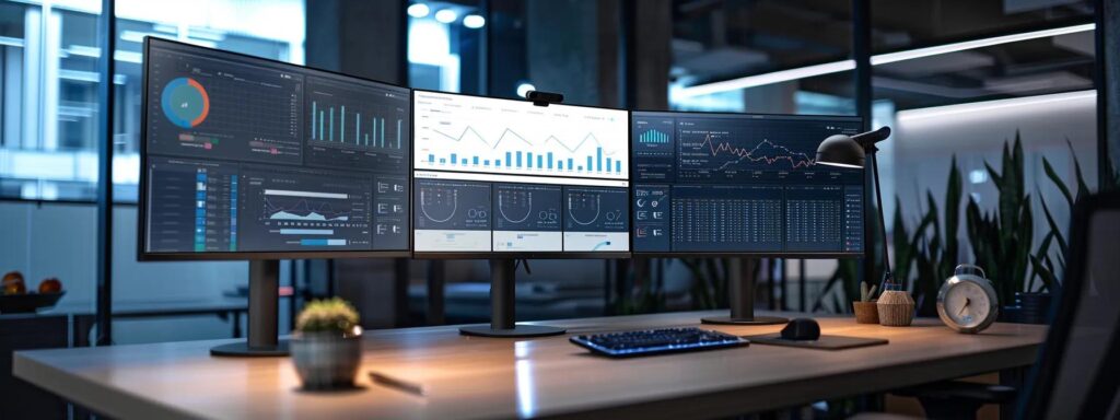 a sleek, modern office workspace displays multiple high-resolution monitors showcasing dynamic website analytics and performance metrics, illuminated by sharp overhead lighting that accentuates the urgency of optimizing digital effectiveness in 2025.