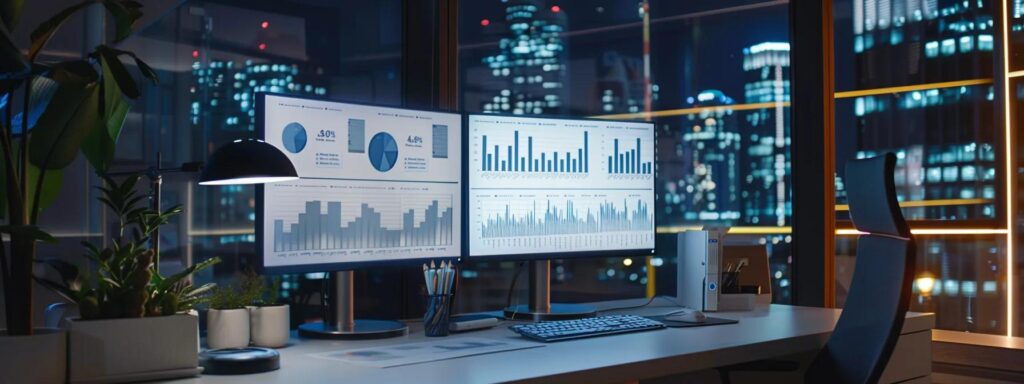 a sleek, modern office workspace features a large computer screen displaying colorful analytics graphs and performance metrics, surrounded by stylish furniture and soft ambient lighting, conveying the essence of data-driven continuous improvement in a digital environment.