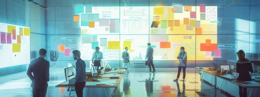 a sleek, modern office workspace showcases a digital project timeline on a large screen, with vibrant sticky notes and design sketches spread across a collaborative table, highlighting the key stages of a website design process leading to a successful launch.