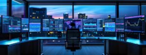 a sleek, modern office workspace features multiple high-resolution monitors displaying complex data analytics and vibrant web design elements, illuminated by dynamic led lighting to emphasize a cutting-edge technological environment.