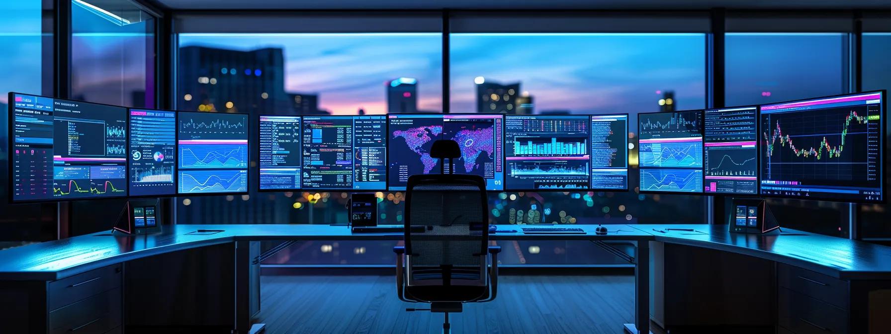 a sleek, modern office workspace features multiple high-resolution monitors displaying complex data analytics and vibrant web design elements, illuminated by dynamic led lighting to emphasize a cutting-edge technological environment.