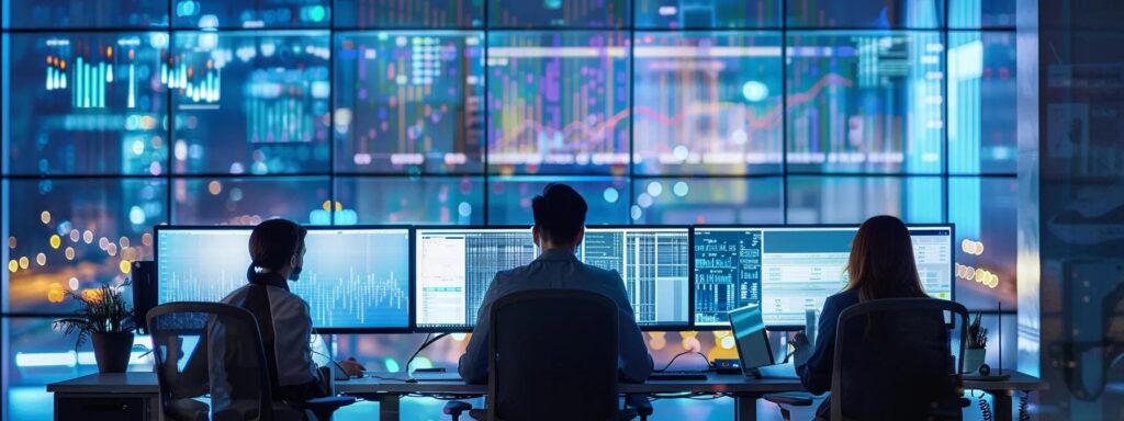 a sleek, modern office environment buzzes with focused energy as professionals monitor multiple screens displaying analytics and website performance metrics, preparing for the big launch of a new website.