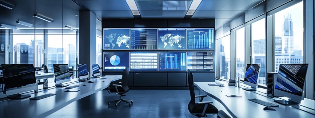 a sleek, modern office environment filled with high-tech computer equipment displays dynamic graphs and security dashboards, highlighting the optimization of database technologies for seamless website performance and security.