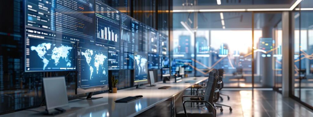 a sleek, modern office workspace is bustling with digital screens displaying complex project timelines and team collaboration tools, emphasizing the dynamic process of website development.